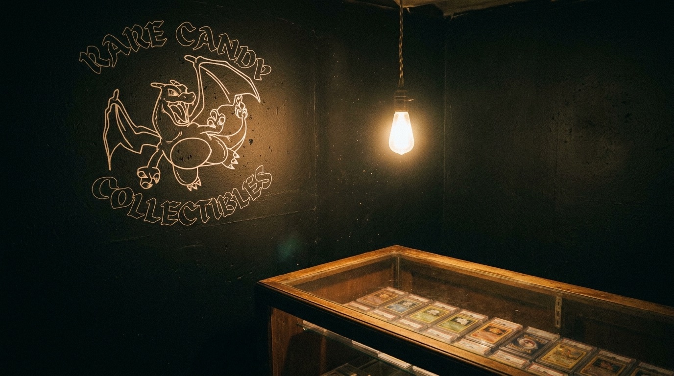 The Rare Candy back room — a glass counter of graded slabs under a single bare bulb, the white dragon painted on the black wall