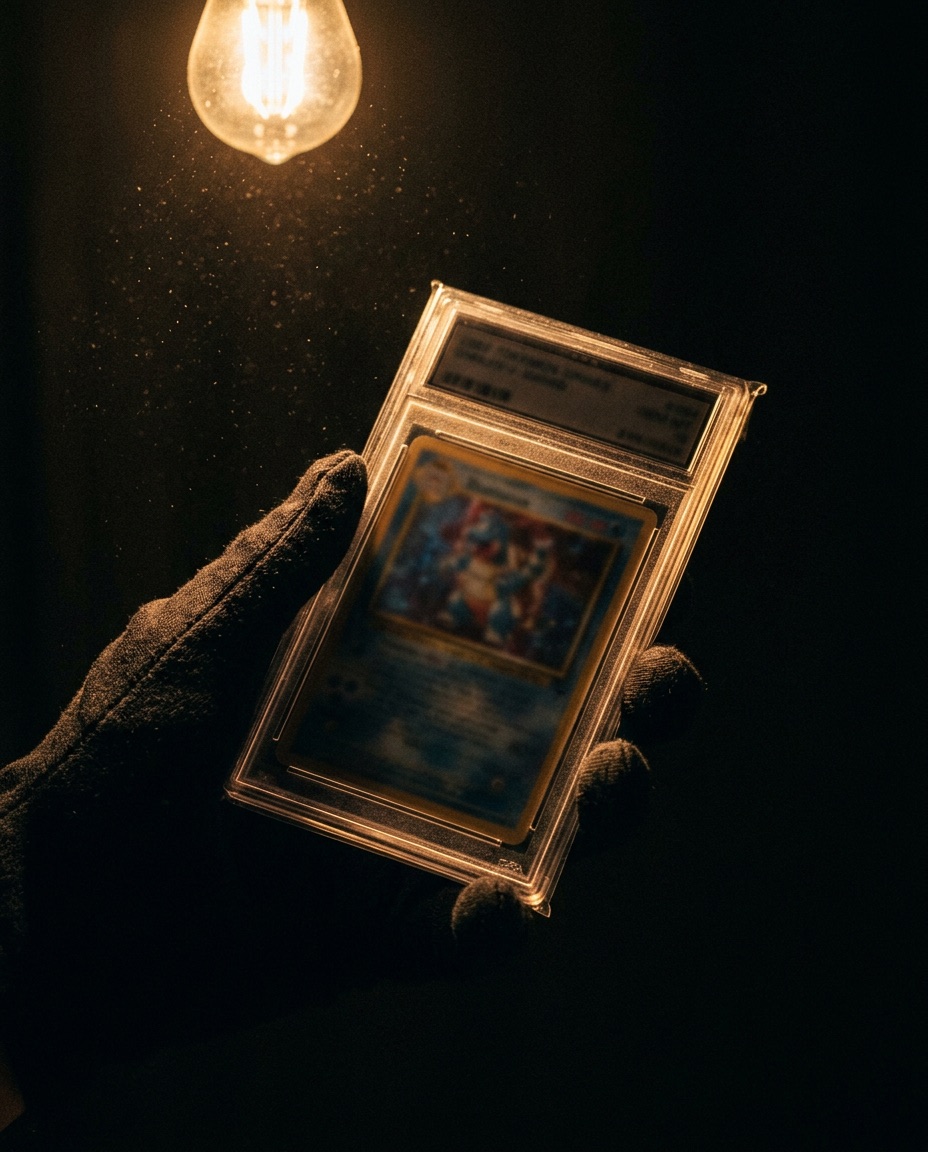 Gloved hands checking a graded slab under the bulb — every piece inspected before it's listed